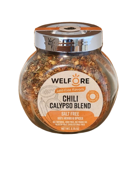 WelFore Salt-Free Chili Calypso Seasoning Spice Blend in a distinctive glass jar
