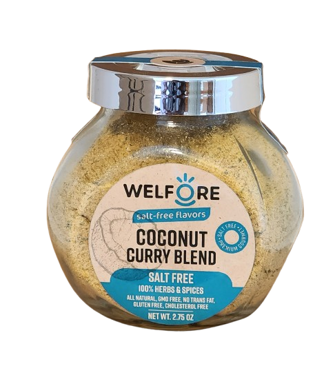 WelFore Salt-Free All Natural Coconut Curry Seasoning Spice Blend in distinctive glass jar