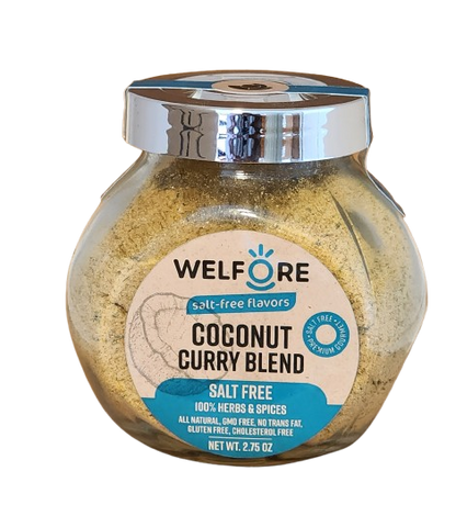 WelFore Salt-Free All Natural Coconut Curry Seasoning Spice Blend in distinctive glass jar