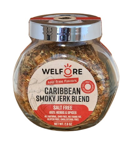 WelFiore Salt-Free Caribbean Smoky Jerk Seasoning Spice Blend in a distinctive glass jar