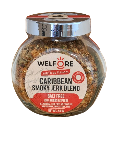 WelFiore Salt-Free Caribbean Smoky Jerk Seasoning Spice Blend in a distinctive glass jar