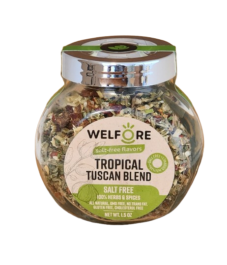 WelFore Gourmet Salt-Free Tropical Seasoning Spice Blend in a distinctive glass jar