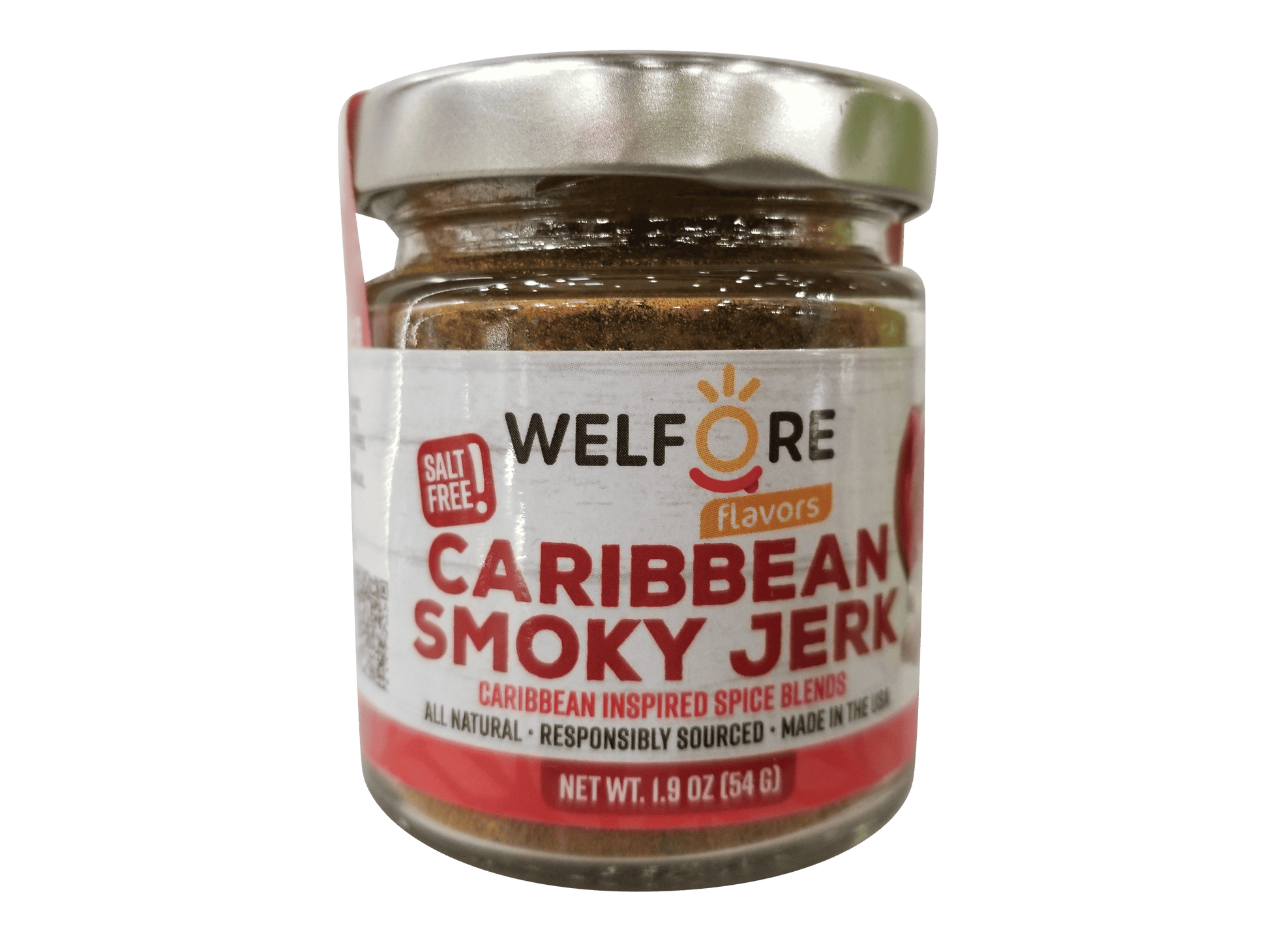 Jar of Caribbean Smoky Jerk spice blend with 'WelFore Salt-Free Flavors' label on a white background
