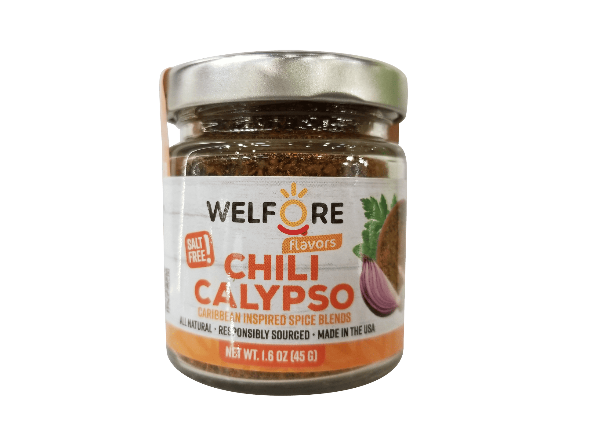Jar of 'Chili Calypso' spice blend with 'WelFore Salt-Free Flavors' label on a green background