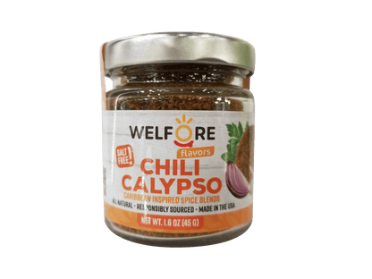 Jar of 'Chili Calypso' spice blend with 'WelFore Salt-Free Flavors' label on a green background