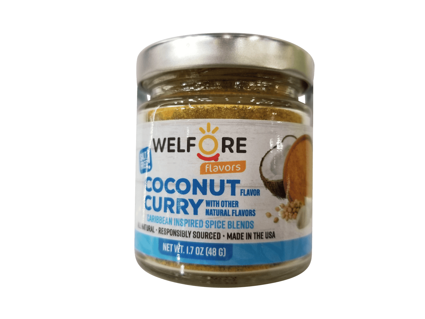 Jar of WelFore Salt-Free Flavors Coconut Flavored Curry spice blend on a green background