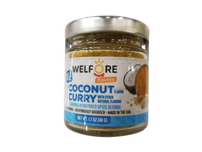 Jar of WelFore Salt-Free Flavors Coconut Flavored Curry spice blend on a green background