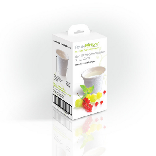 10 oz compostable portion control cups with 4oz and 8oz indicators