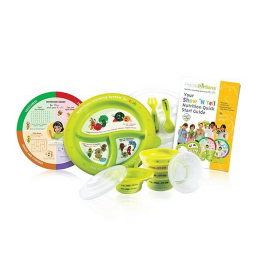 Children's portion control dinnerware and nutrition game wheels
