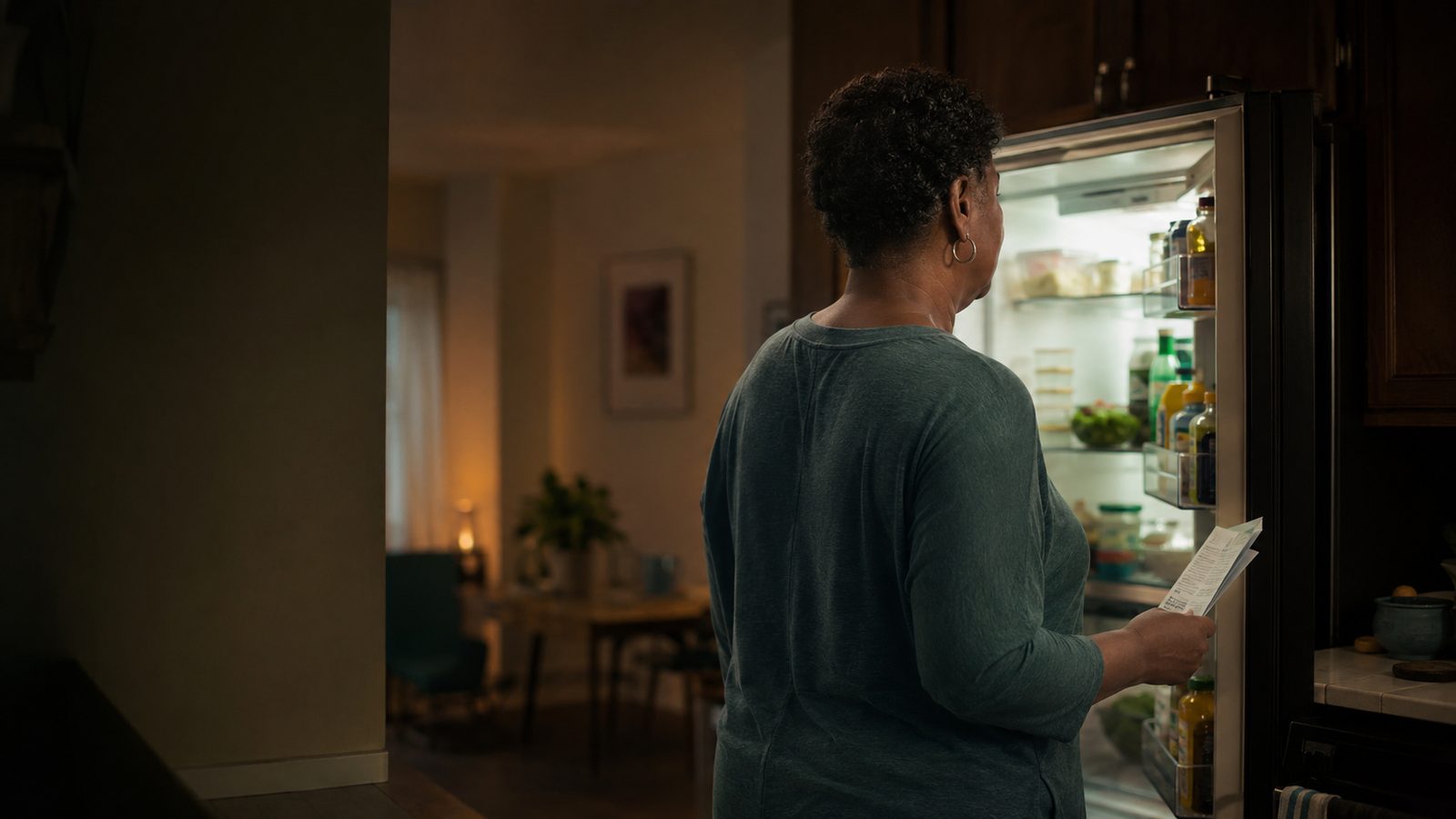 A person standing at an open refrigerator at night, holding a printed care-plan handout while deciding what to make.